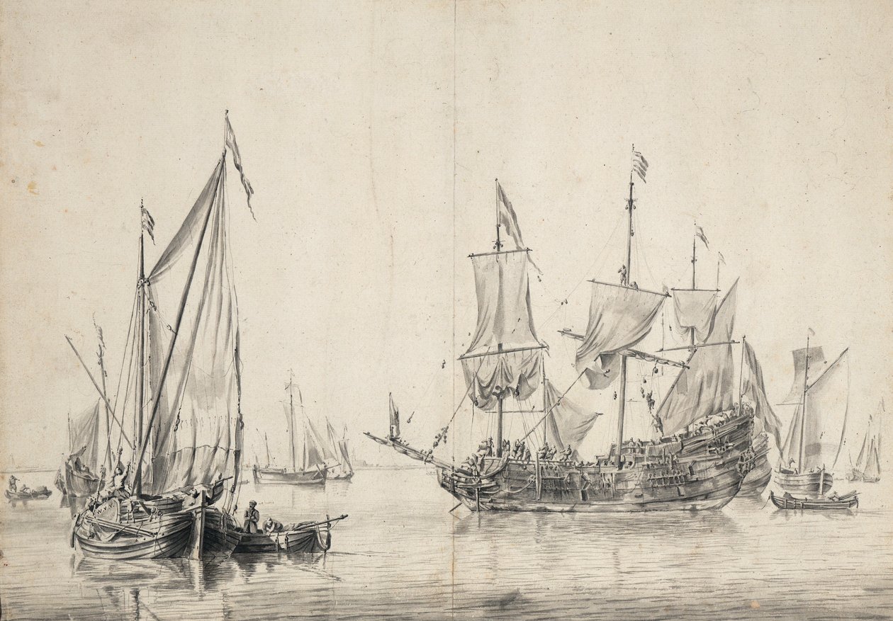 Purjeveneitä ja hollantilainen fregatti kuivaamassa purjeitaan. Piirros ja pesu (26x37 cm), William van de Velde l