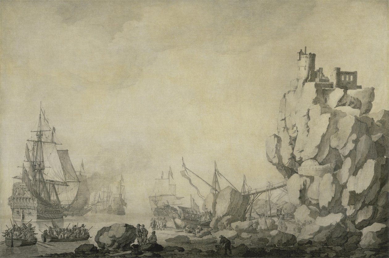 Laivoja ja miliisit kivirannalla, n. 1680 (kynä ja muste esivalmistetulla kankaalla) tekijältä Willem van de the Elder Velde