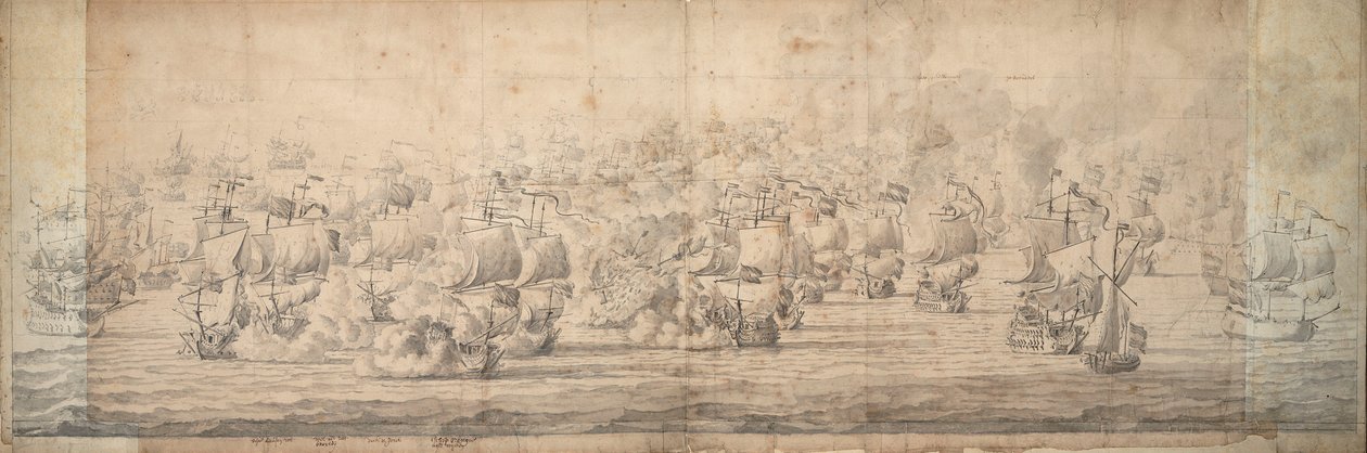 Lowestoftin taistelu, 3.-13. kesäkuuta 1665, noin 1674 (grafiitti, muste). tekijältä Willem van de the Elder Velde