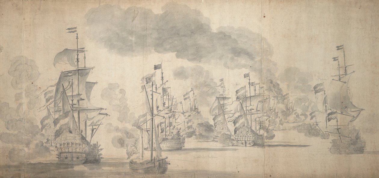 Solebayn taistelu, 28. toukokuuta - 7. kesäkuuta 1672 (grafiitti). tekijältä Willem van de the Elder Velde