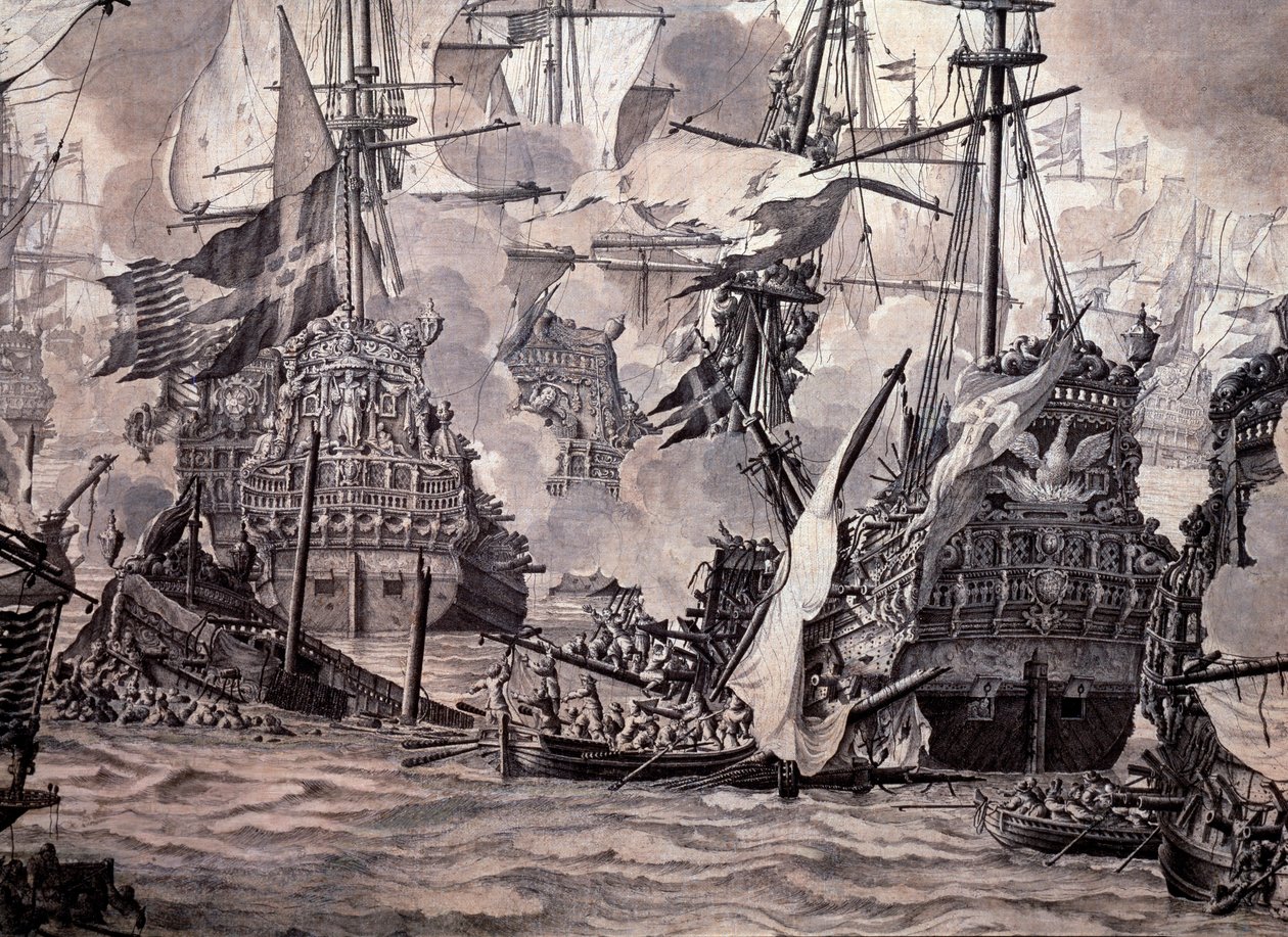Äänen taistelu hollantilaisten ja ruotsalaisten laivastojen välillä, 8. marraskuuta 1658. Yksityiskohta - Öljy- ja mustemaalaus tekijältä Willem van de the Elder Velde