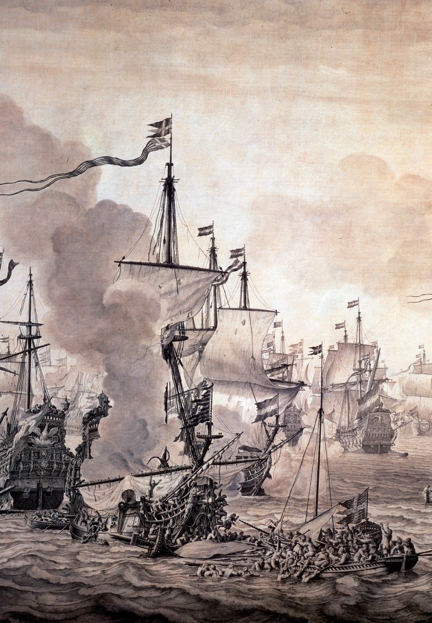 Äänen taistelu hollantilaisten ja ruotsalaisten laivastojen välillä, 8. marraskuuta 1658. Yksityiskohta - Öljy- ja mustemaalaus tekijältä Willem van de the Elder Velde