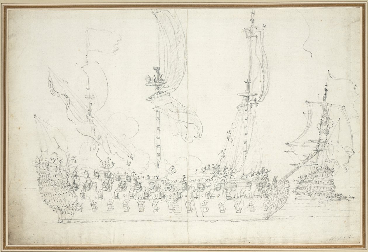 Herttuatar kevyen tuulen edessä, noin 1681 (grafiitti). tekijältä Willem van de the Elder Velde