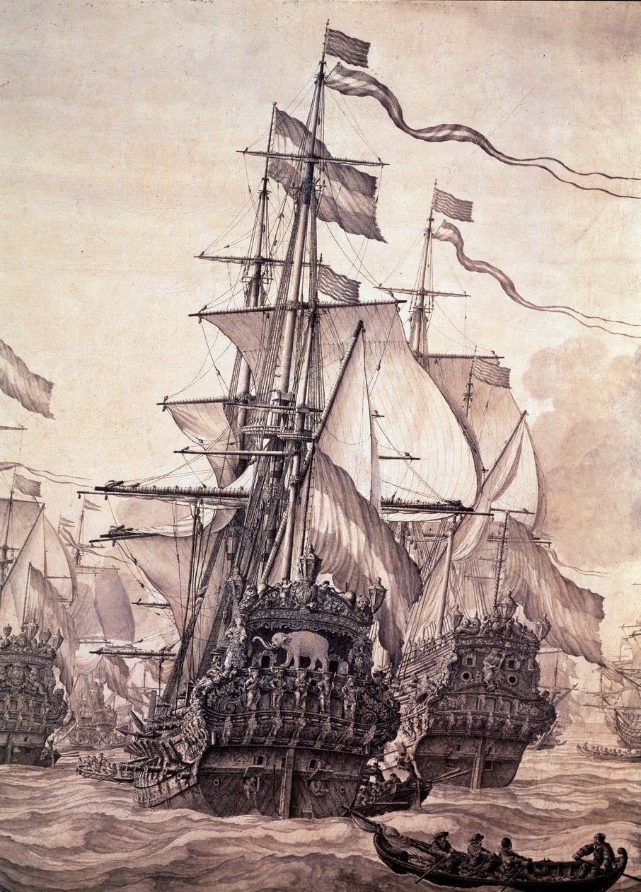 Hollannin laivasto vuonna 1672. Yksityiskohta - öljy kankaalle tekijältä Willem van de the Elder Velde