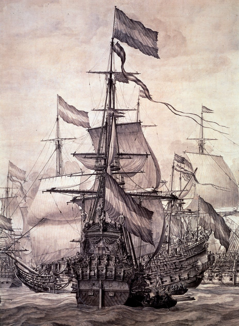 Hollannin laivasto vuonna 1672. Yksityiskohta - öljy kankaalle tekijältä Willem van de the Elder Velde