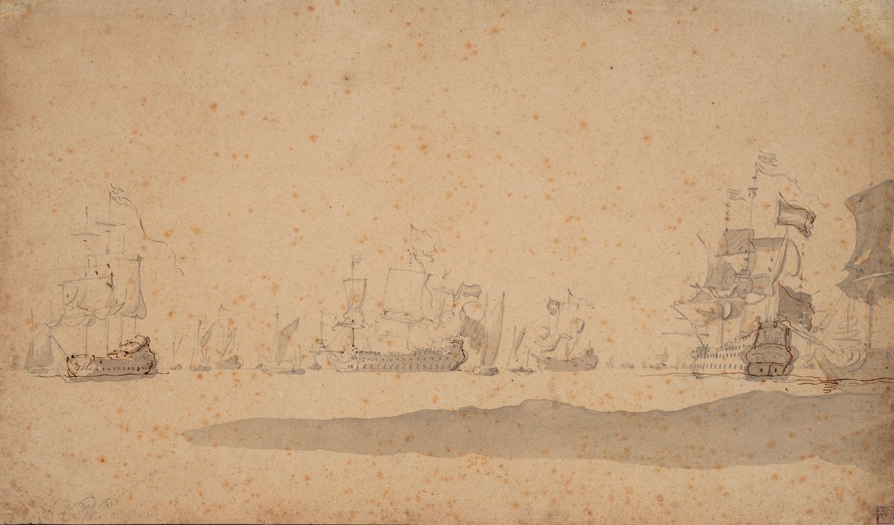 Hollannin laivasto makaa, luultavasti toukokuussa 1672, noin 1672 (grafiitti, harmaa pesu). tekijältä Willem van de the Elder Velde