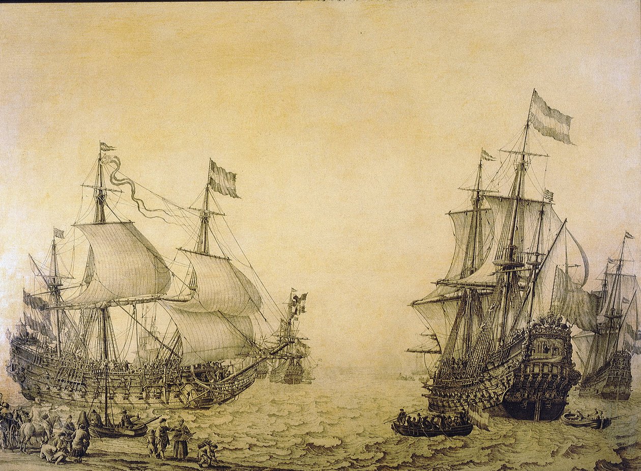Rannalta lähtevää hollantilaista Oosterwijk-alusta kuvataan kahdesta näkökulmasta. Grisaille puulle tekijältä Willem van de the Elder Velde