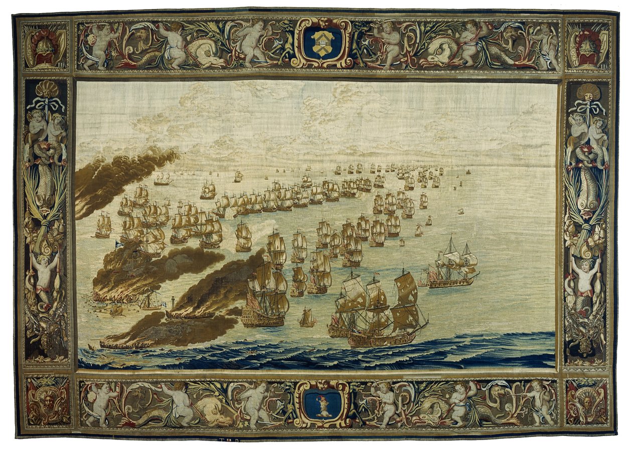 Mortlake-gobeliini (Lontoon alue, Englanti) kuvaa "Royal James" -aluksen tulipaloa Solebayn taistelun aikana 28. toukokuuta. tekijältä Willem van de the Elder Velde