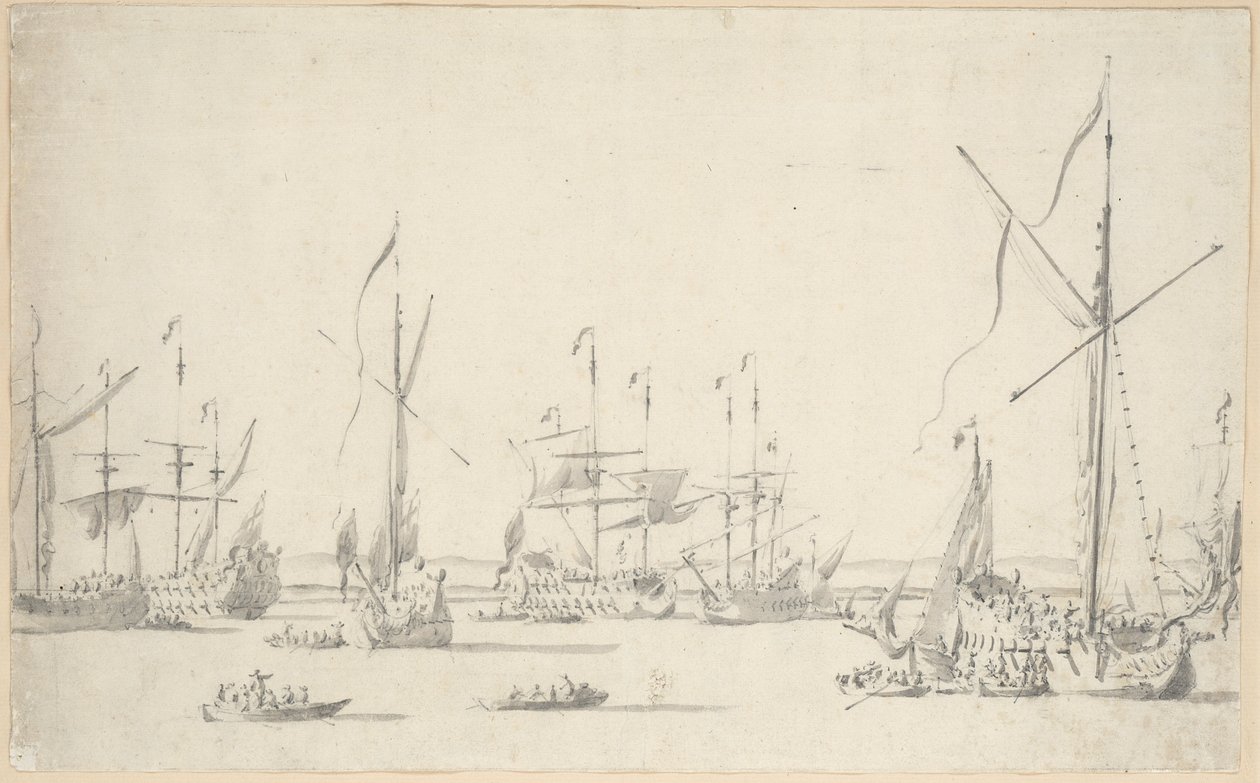Jahdit ja laivat ankkurissa Sheernessin lähellä, noin 1677 (grafiitti, harmaa pesu). tekijältä Willem van de the Elder Velde
