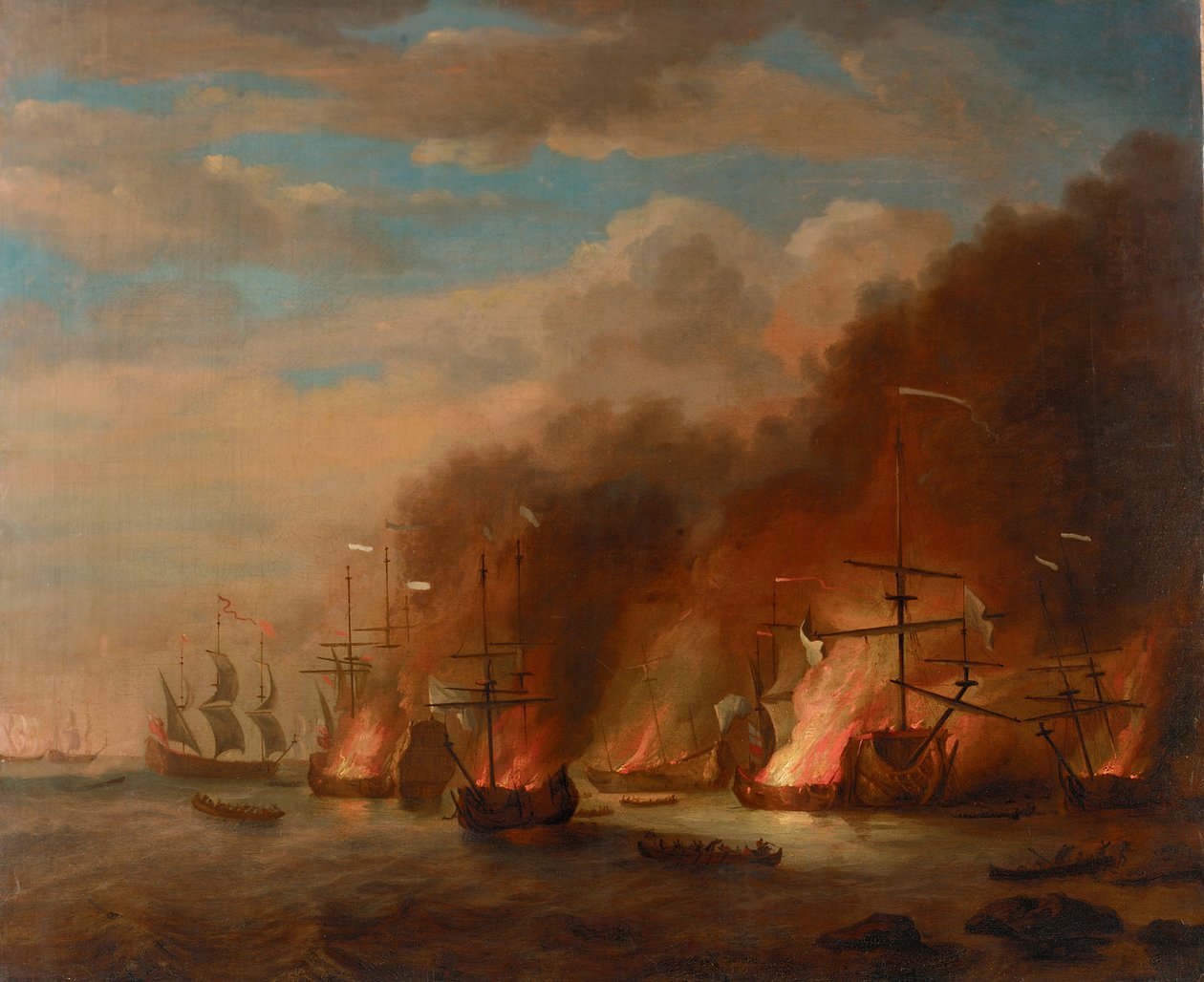 Soleil Royal -aluksen polttaminen La Hoguen taistelussa 23. toukokuuta 1692, 1600-luvun loppupuoli (öljy kankaalle). tekijältä Willem van de the Elder Velde
