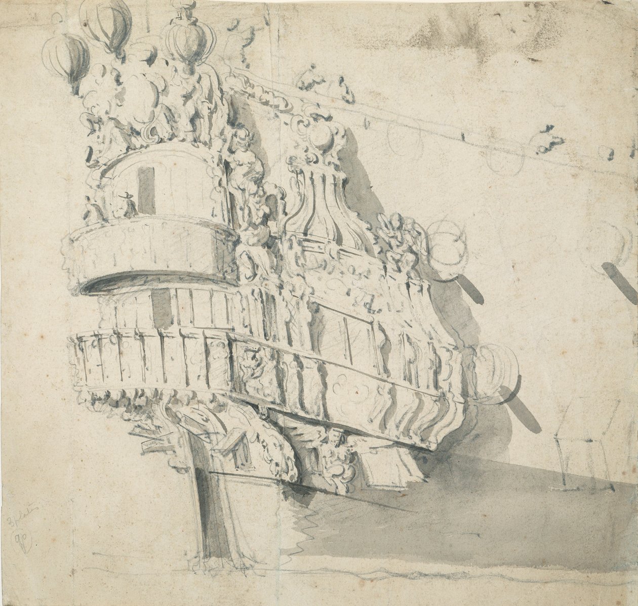 Hampton Court -aluksen perä, noin 1685 (grafiitti, harmaa pesu). tekijältä Willem van de the Elder Velde
