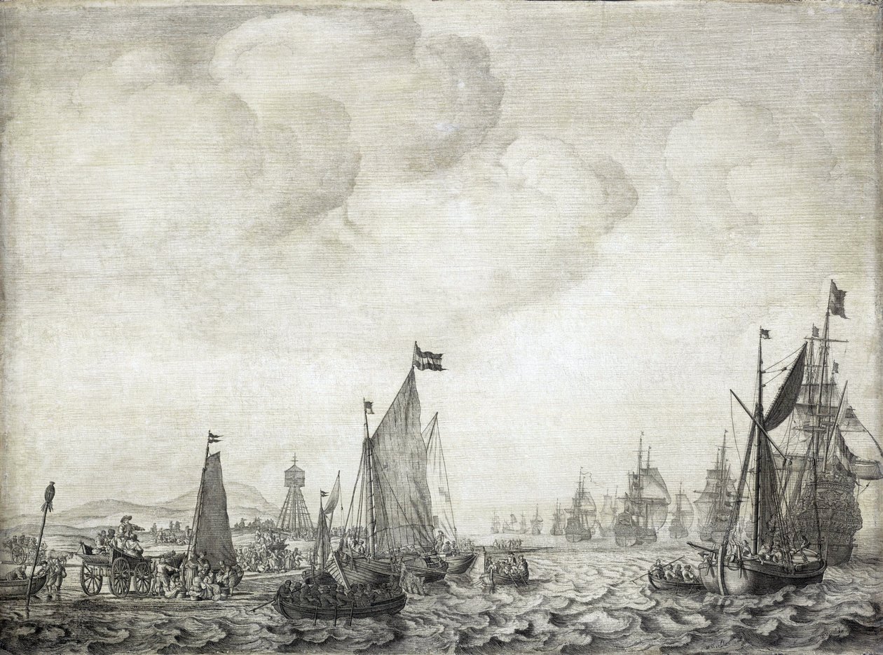 Kauppalaivat ja niiden saattue, jotka lähtevät Vliestä (tai Vliestroomista), Vlielandin ja Treschellingin (Alankomaat) saarten väliseltä merireitiltä, 9. kesäkuuta 1645. tekijältä Willem van de the Elder Velde
