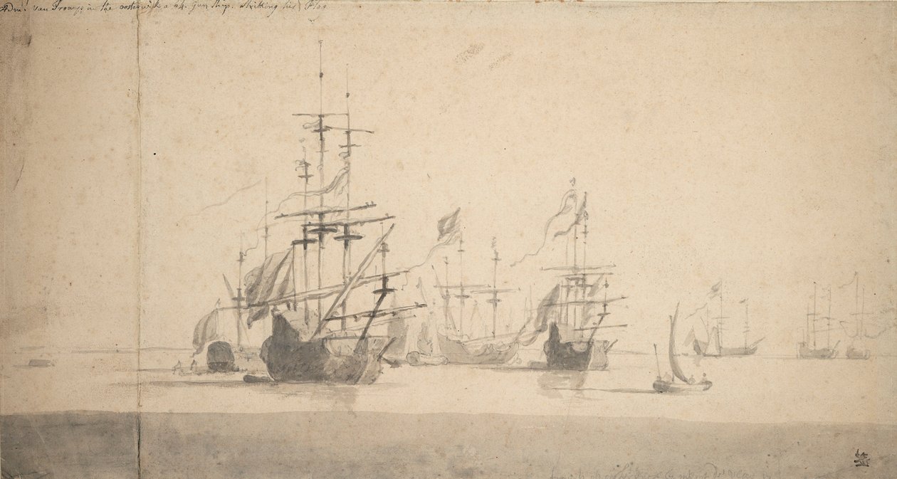 Tromp Oosterwijkissa tervehtimässä, noin 1664 (grafiitti, harmaa tussi). tekijältä Willem van de the Elder Velde