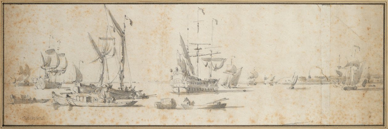 Kaksi doggeria ja laiva ankkurissa satamassa, noin 1681 (grafiitti, harmaa pesu). tekijältä Willem van de the Elder Velde