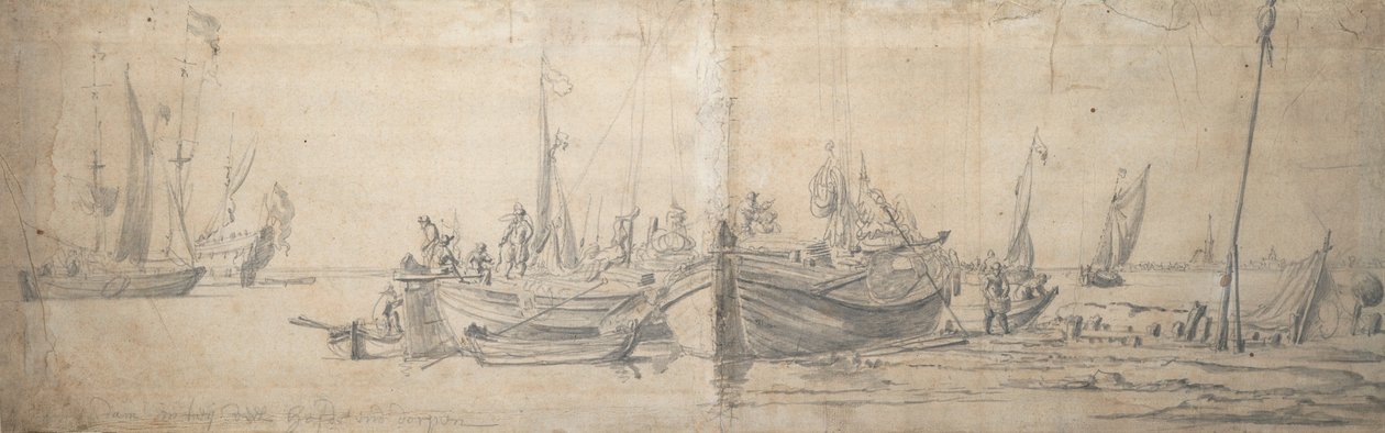 Kaksi kaagia rannalla kovan rannan päässä, n.1643 (grafiitti, harmaa pesu). tekijältä Willem van de the Elder Velde