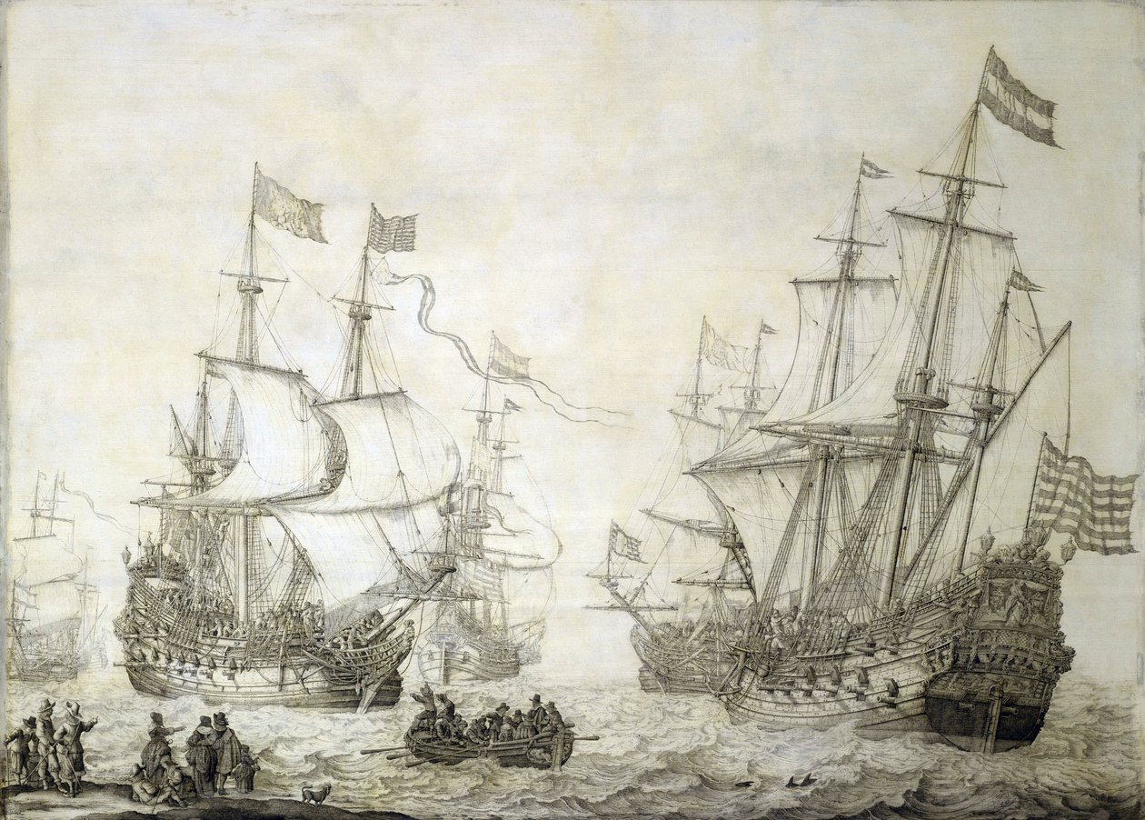 Kaksi Alankomaiden Itä-Intian komppanian kauppalaivaa lähdössä rannalta tyynessä tuulessa. Grisaille puulle tekijältä Willem van de the Elder Velde