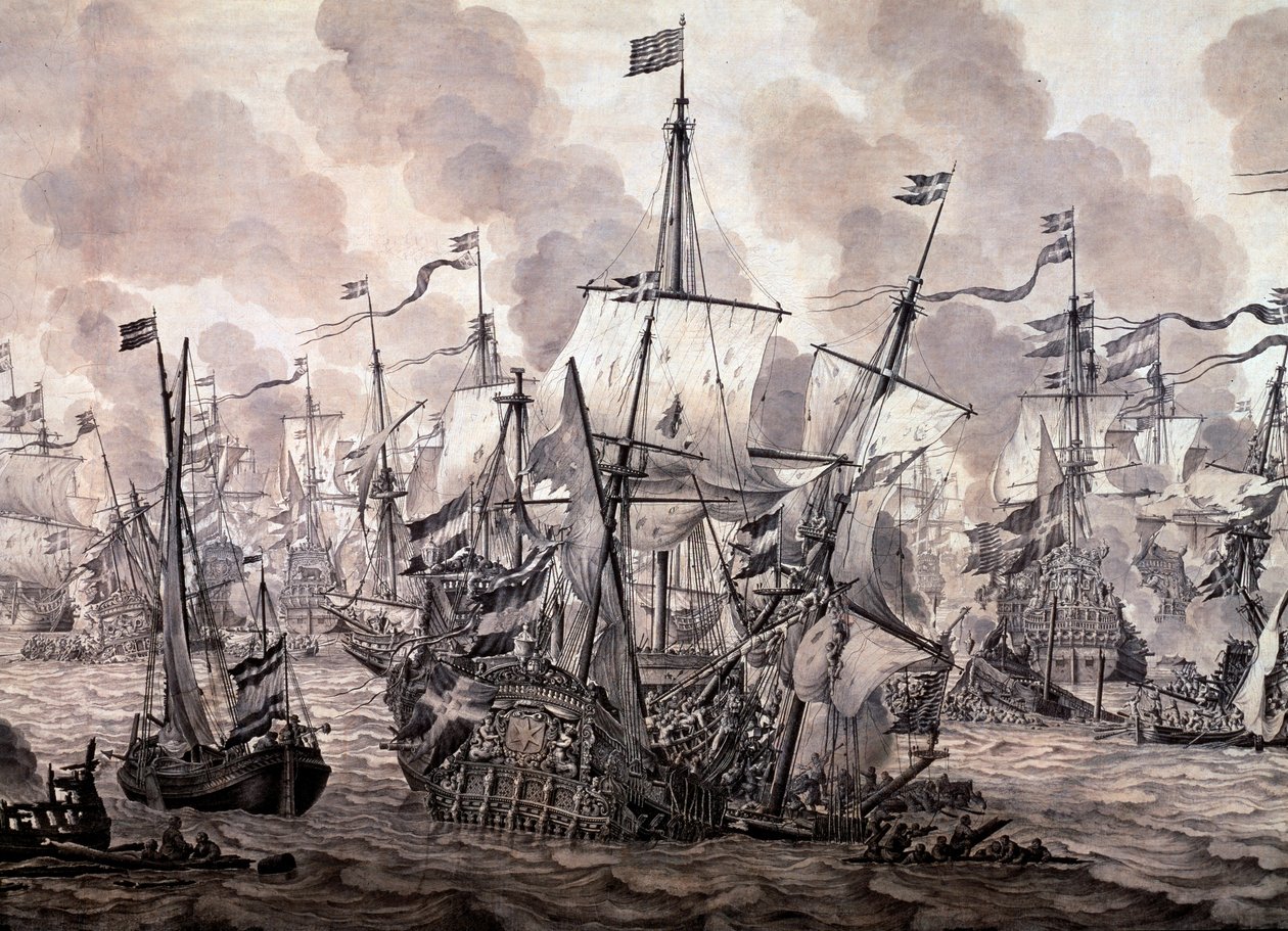 äänen taistelu hollantilaisten ja ruotsalaisten laivastojen välillä, 8. marraskuuta 1658. Yksityiskohta - Öljy- ja mustemaalaus tekijältä Willem van de the Elder Velde
