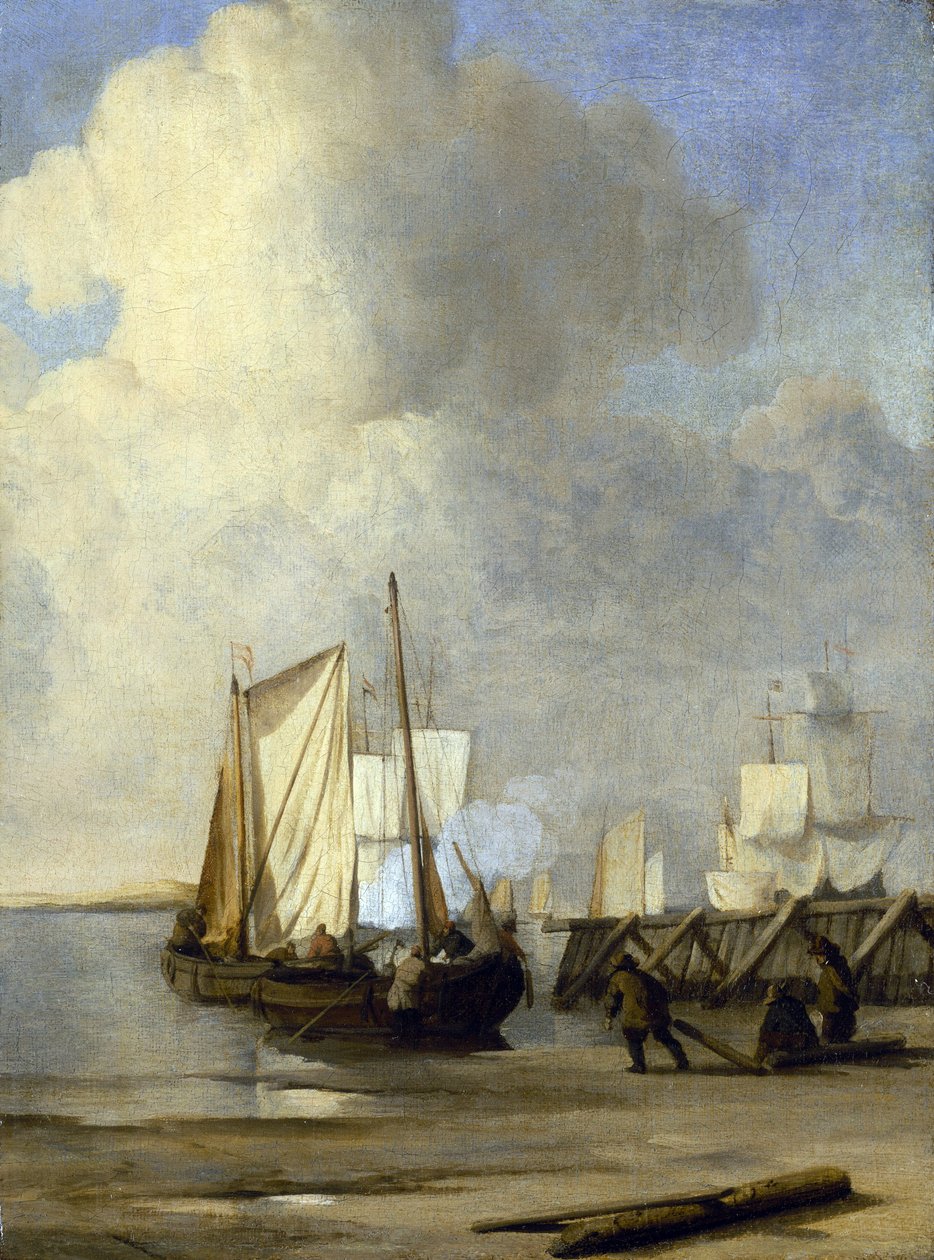 Kaag rannalla, hollantilainen vene, jota käytetään sisävesillä navigointiin. Öljy kankaalle tekijältä Willem van de Velde the Younger
