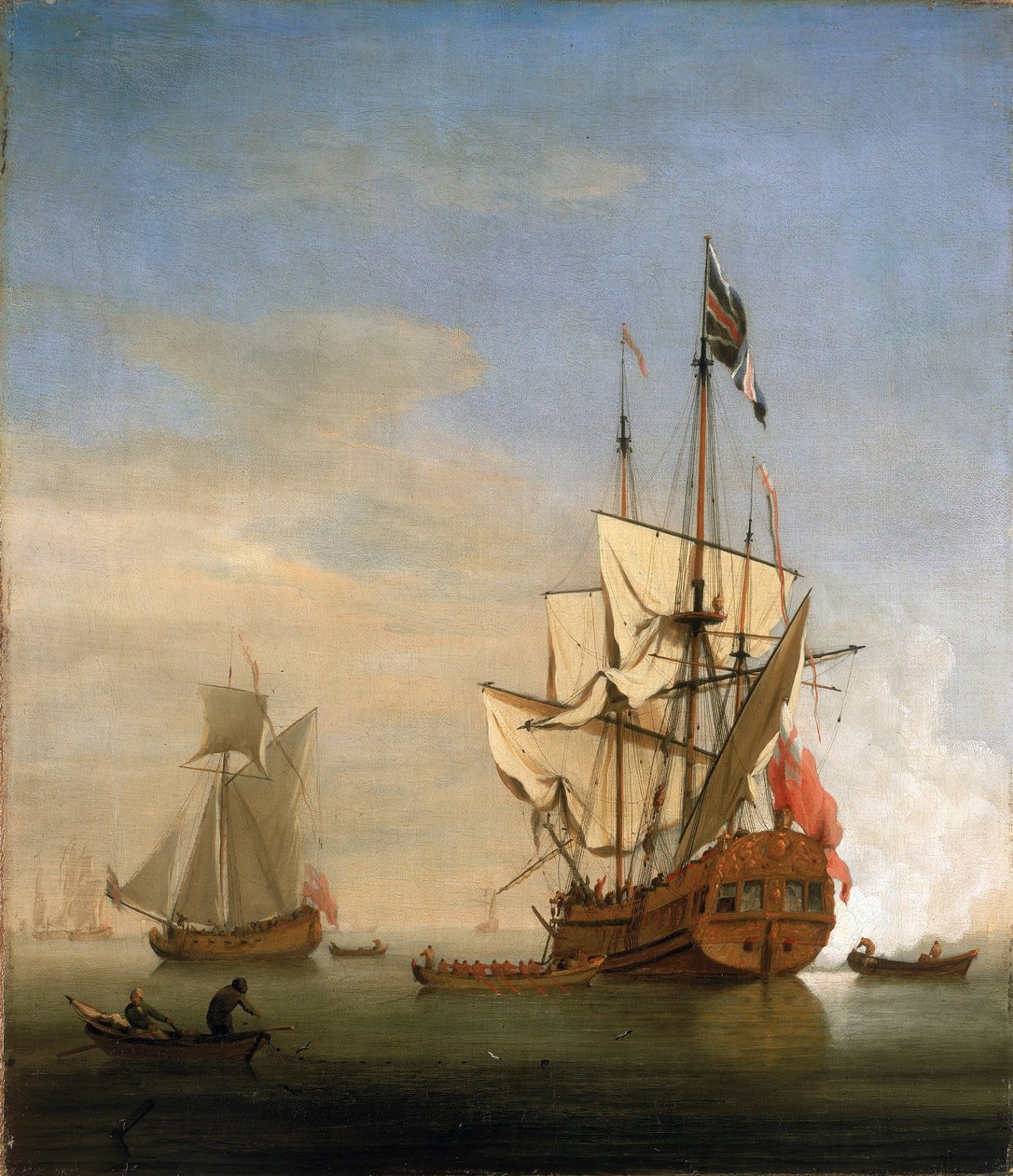 Sixth-rate (sixth-rate), pieni brittiläinen sota-alus, ampuu tykillä tervehdykseksi. Öljy kankaalle tekijältä Willem van de Velde the Younger