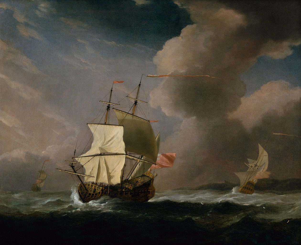 Englantilainen kaksikerroksinen kovalla tuulella toisen laivan kanssa taustalla (öljy kankaalle) tekijältä Willem van de Velde the Younger