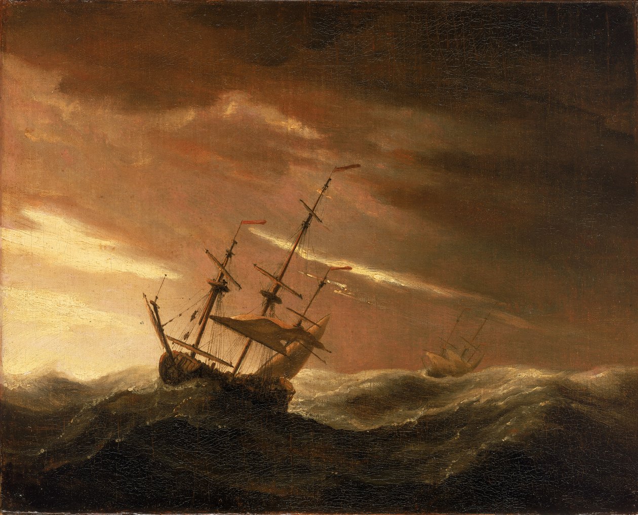 Englantilainen laiva, joka makaa myrskyssä, 1600-luvun loppupuoli (öljy kankaalle). tekijältä Willem van de Velde the Younger