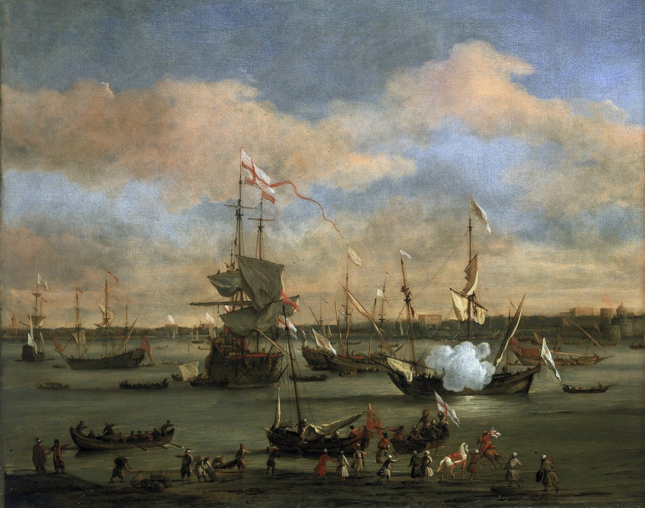 Brittiläinen kauppa-alus satamassa Välimerellä. Öljy kankaalle tekijältä Willem van de Velde the Younger