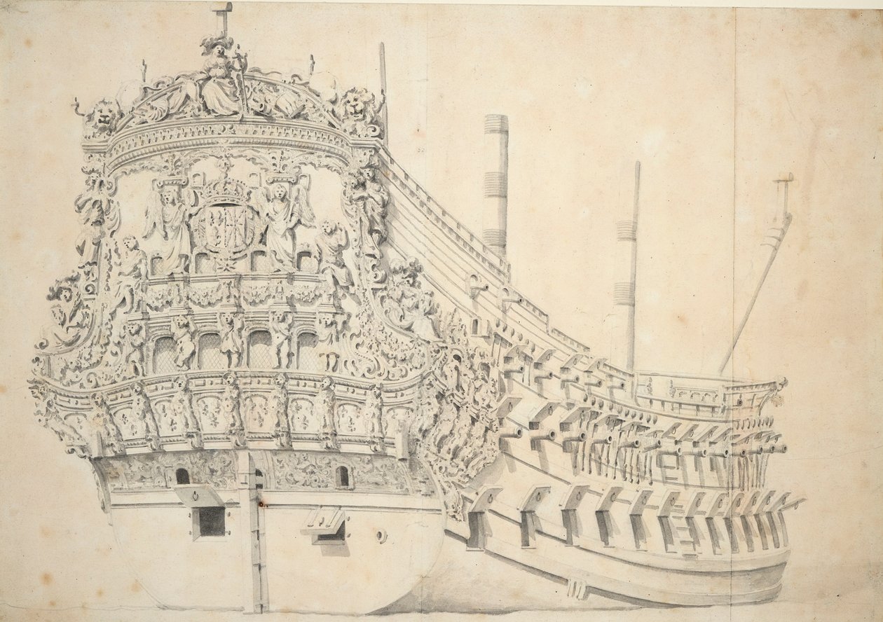 Ranskalaisen kaksikerroksisen aluksen muotokuva. Rakennettu Hollannissa 1666-1667, noin 1667 (grafiitti, harmaa pesu). tekijältä Willem van de Velde the Younger