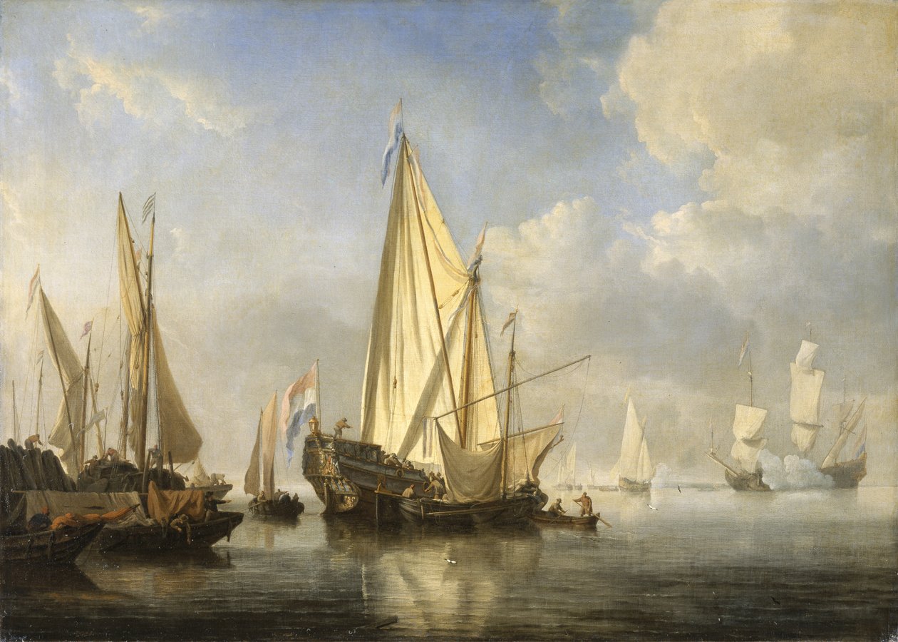Toimitus rauhassa State Yachtin kanssa laiturin päästä, n. 1680 (öljy kankaalle) tekijältä Willem van de Velde the Younger