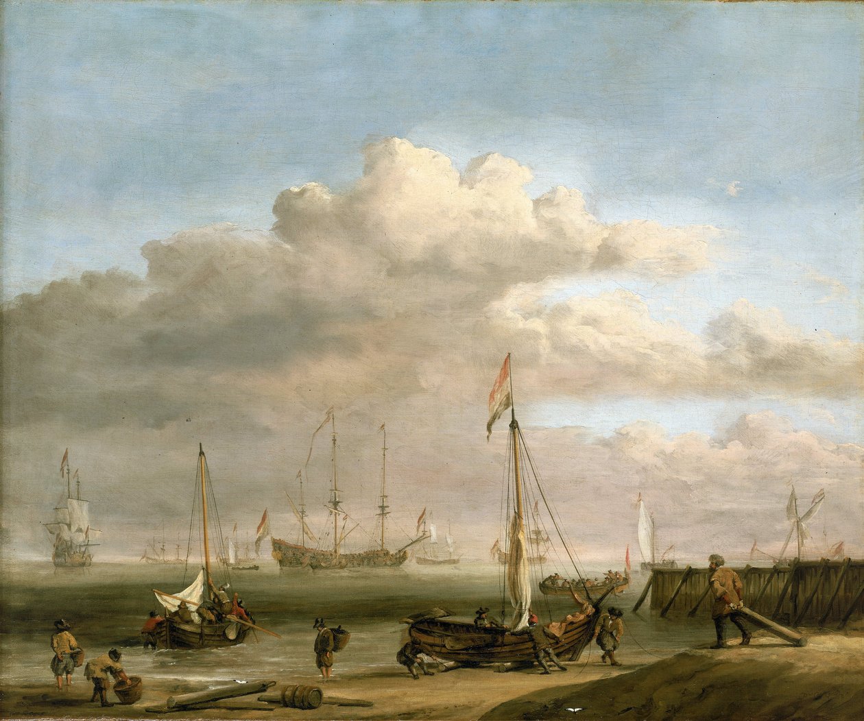 Alankomaiden rannikko Marsdiepiin ja Den Helderiin, jossa on kalastusaluksia. Öljyä kankaalle, noin 1690, tekijä Willem van de Velde (1633-1707). tekijältä Willem van de Velde the Younger