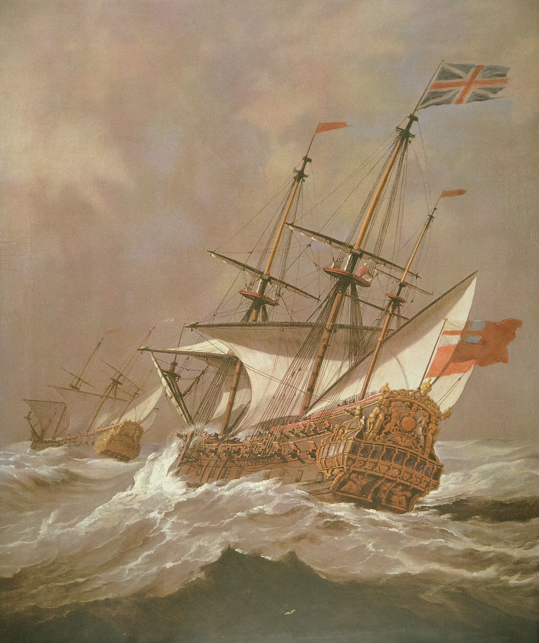 The English Ship Resolution in a Gale, n. 1680 (öljy kankaalle) tekijältä Willem van de Velde the Younger