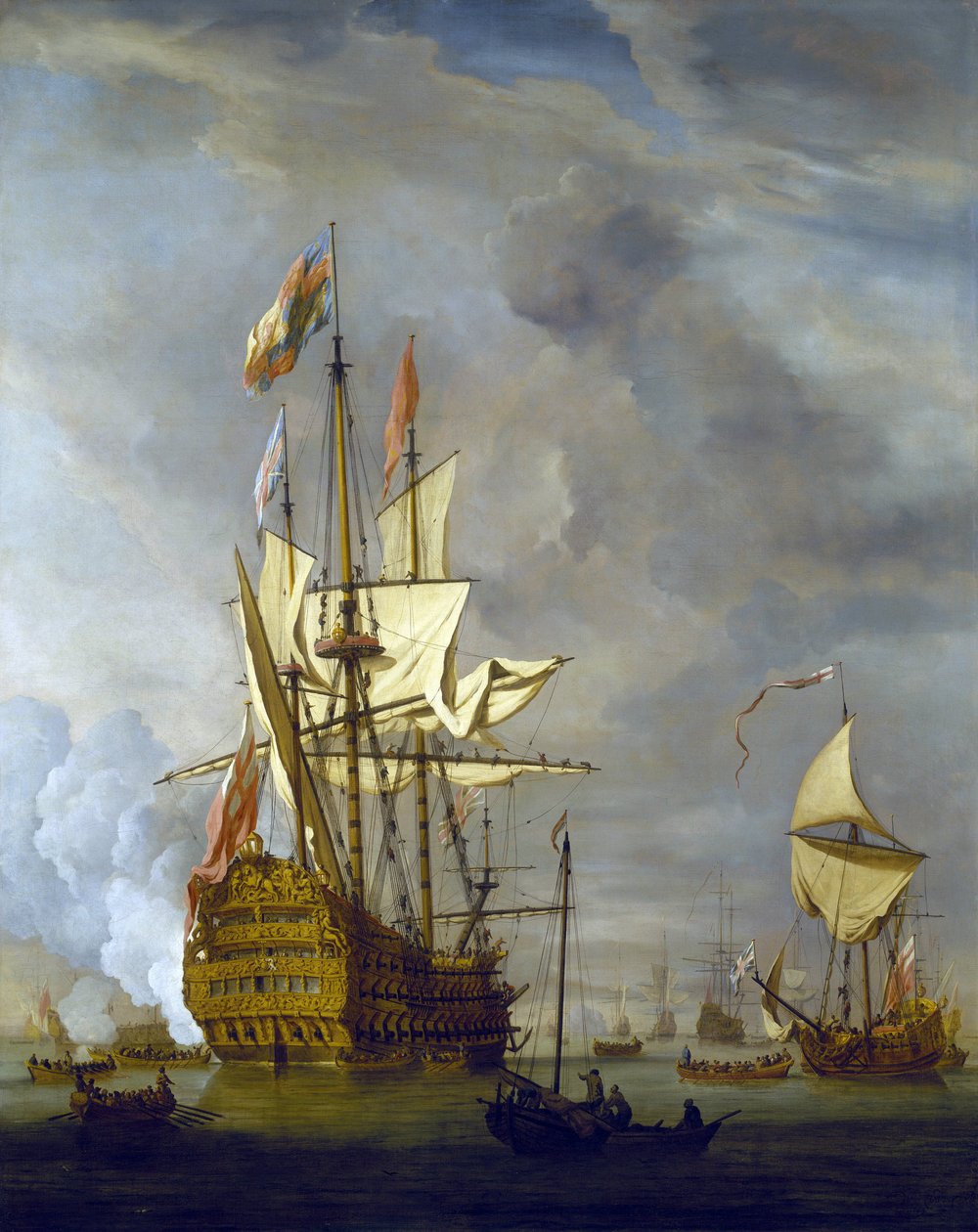 HMS "Royal Sovereign", joka ampuu tykillä sataman tervehdykseksi, kuninkaallisen jahdin saattelemana, tyynellä säällä. Öljy kankaalle tekijältä Willem van de Velde the Younger