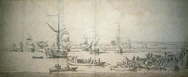 Yorkin herttua Jamesin saapuminen Royal Yachtille Chathamiin laskemaan laukaisuun ensiluokkaisen taistelulaivan "The Royal Sovereign", 30. syyskuuta 1684 (kynä ja muste ja harmaa pesu paperilla) tekijältä Willem van de Velde the Younger