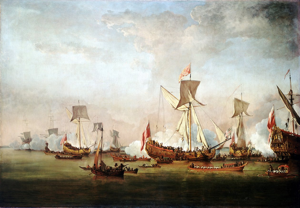 Prinssi Vilhelm Oranialainen (tai Vilhelm Englannin) (1650-1702) ja prinsessa Maria II (1662-1694) lähtevät häämatkalle Hollantiin 19. marraskuuta. tekijältä Willem van de Velde the Younger