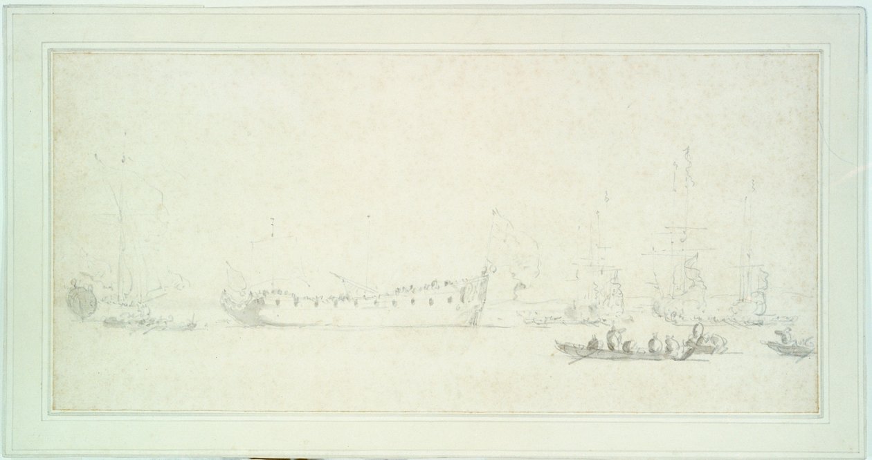 Englantilaisen laivan, luultavasti "James Galleyn", vesillelasku, n.1676 (grafiitti ja pesu, harmaa). tekijältä Willem van de Velde the Younger