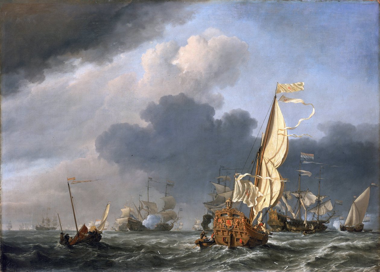 Jahti kovassa tuulessa yrittäessään liittyä hollantilaisalusten ryhmään, luultavasti Alankomaiden laivaston kokoontuminen Texelin (Hollanti) edustalla vuonna 1672. tekijältä Willem van de Velde the Younger