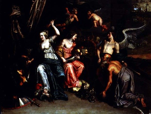Maatalous mukana Fame, joka palvoo Ceresiä harpyana, tallataan jalkojen alle ja Minerva voittaa Marsin (öljy kuparilla) tekijältä Willem van the Elder Herp