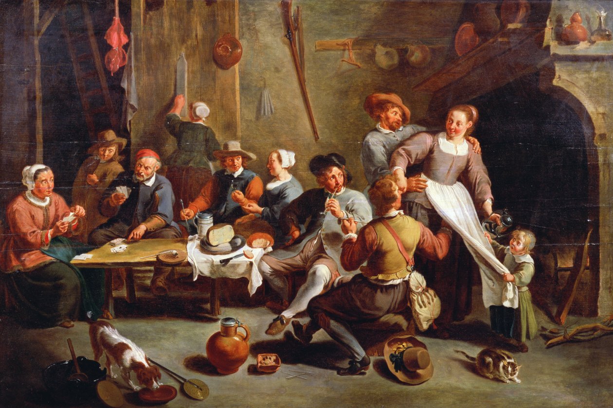 Majatalon sisätilat korttisoittimilla tekijältä Willem van the Elder Herp