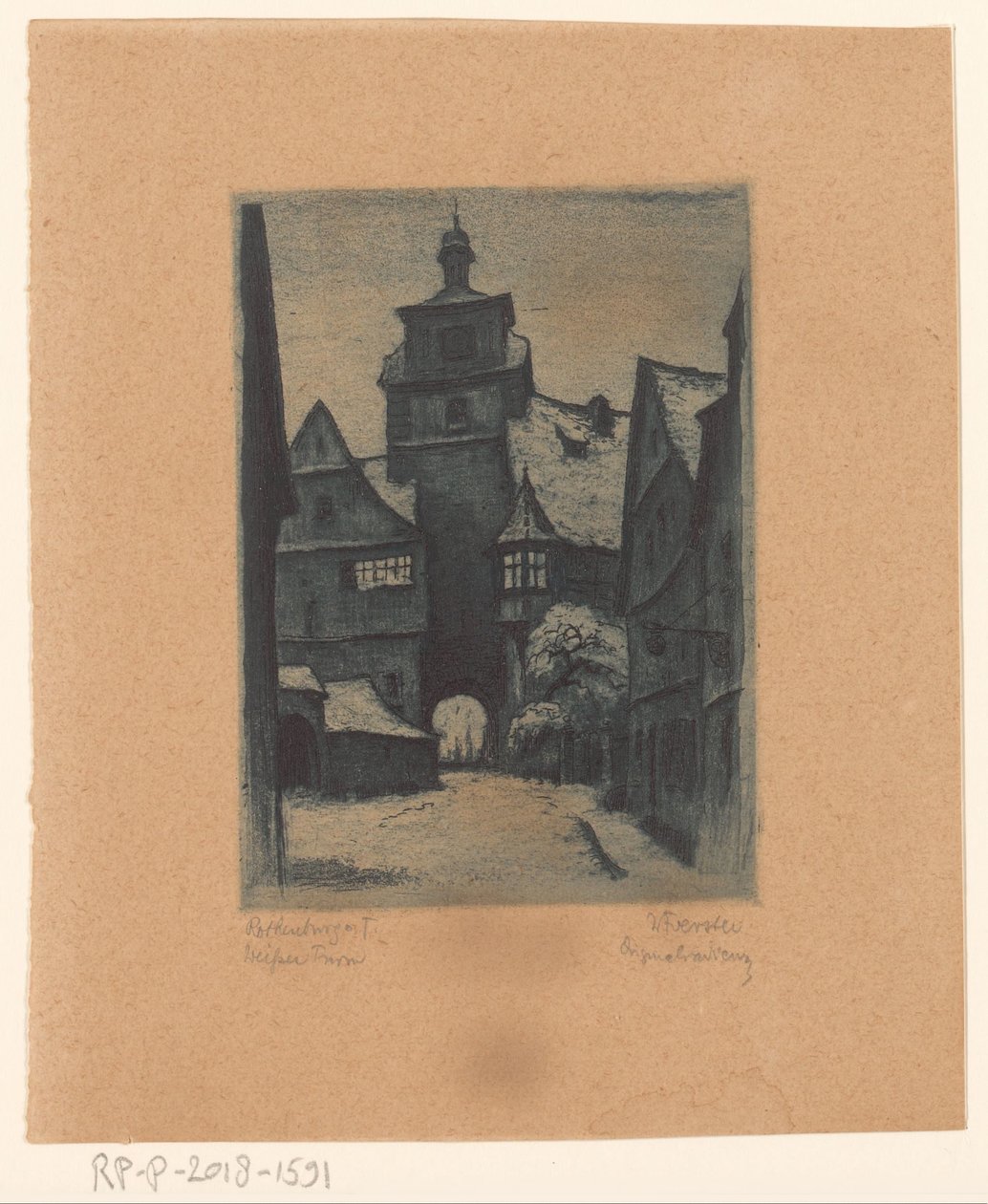 Näkymä Weisserturmille Rothenburg ob der Tauberissa Rothenburg o. T. Weisserturm (otsikko esineessä) tekijältä Willi Foerster (signed by artist)