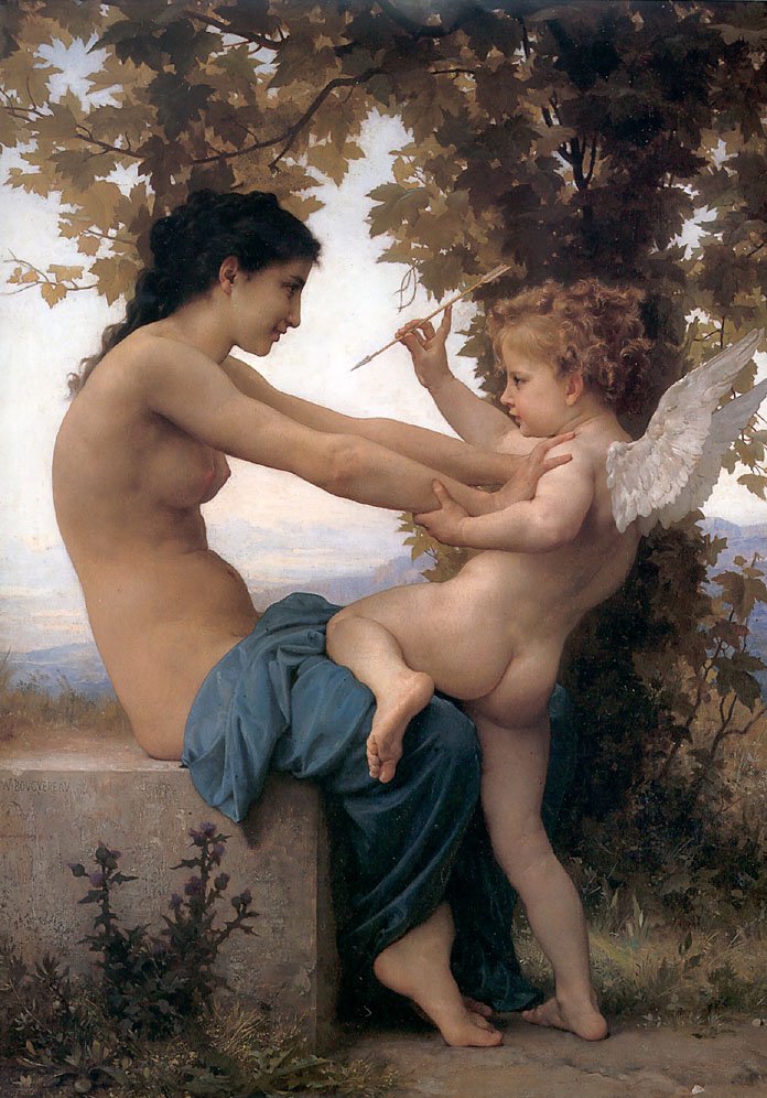 Nuori tyttö puolustaa itseään Amorilta tekijältä William Adolphe Bouguereau