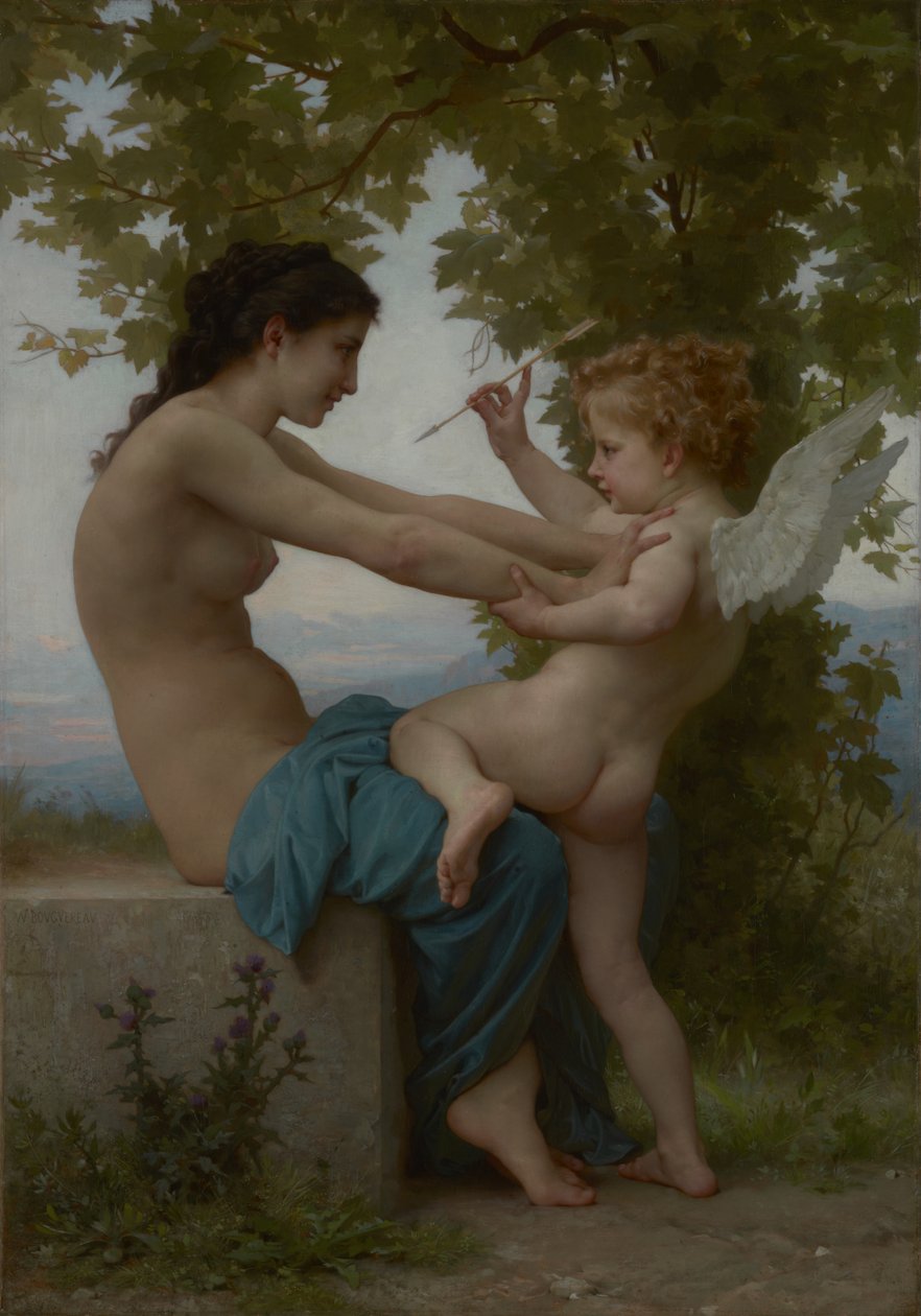 Nuori tyttö puolustaa itseään Erosta vastaan tekijältä William Adolphe Bouguereau