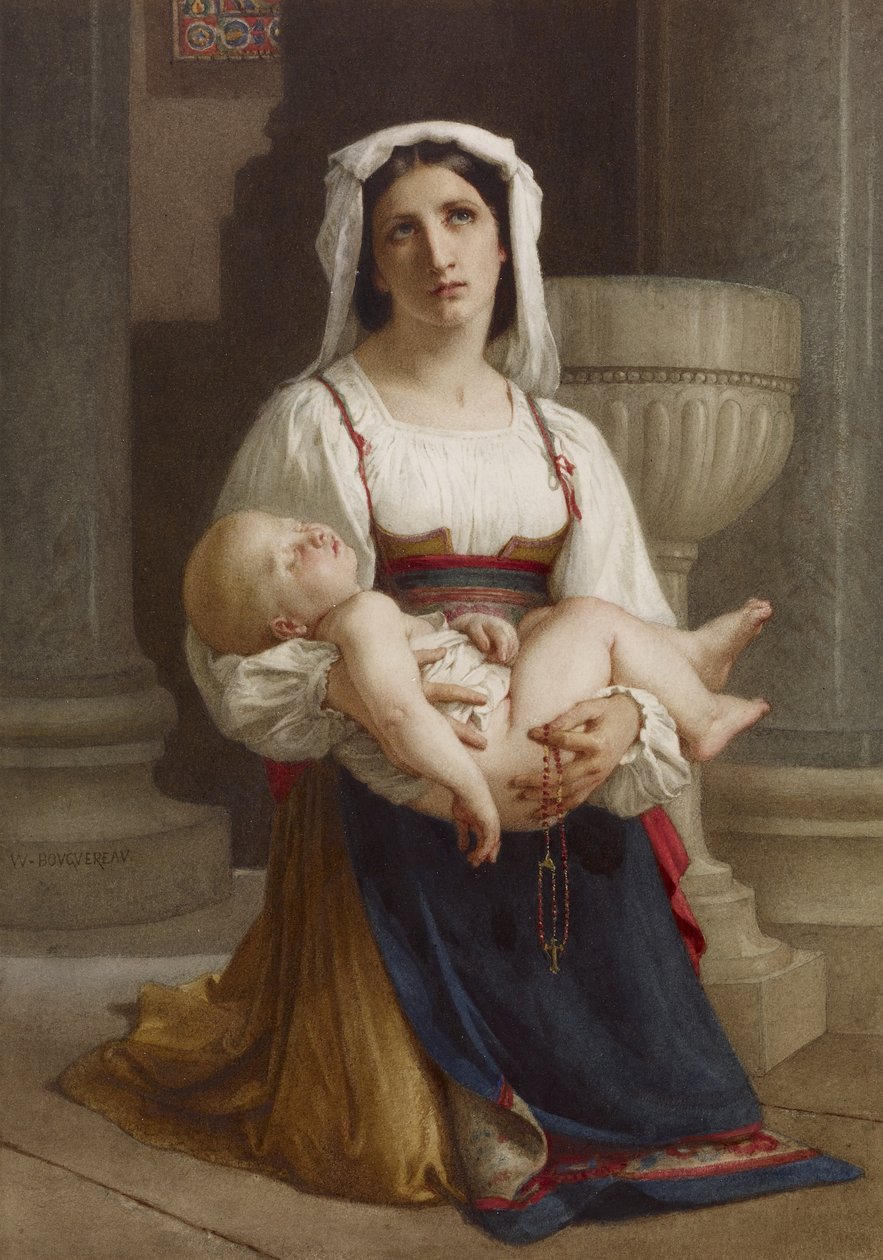 Italialainen talonpoika polvillaan lapsen kanssa tekijältä William Adolphe Bouguereau
