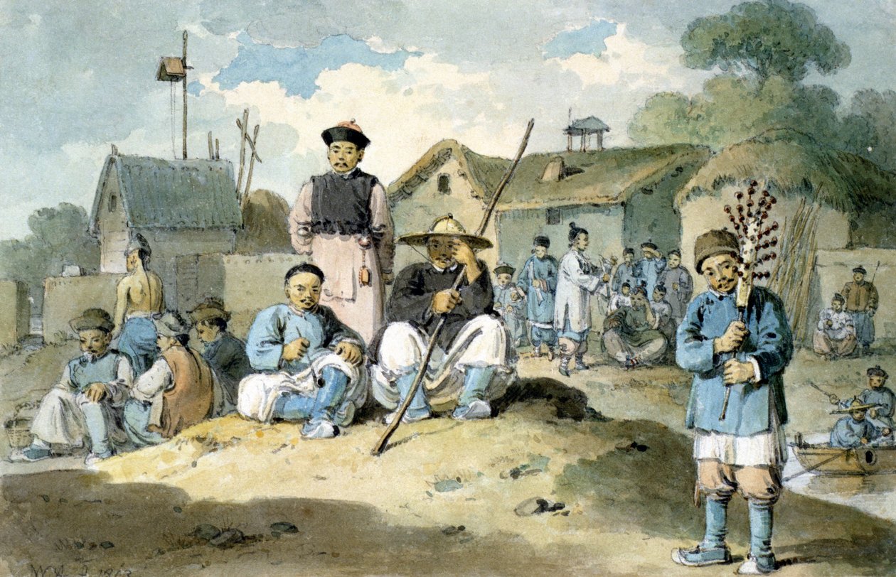 Ryhmä kiinalaisia joen rannalla katselemassa Earl Macartneyn suurlähetystön ohikulkua, 1793 tekijältä William Alexander