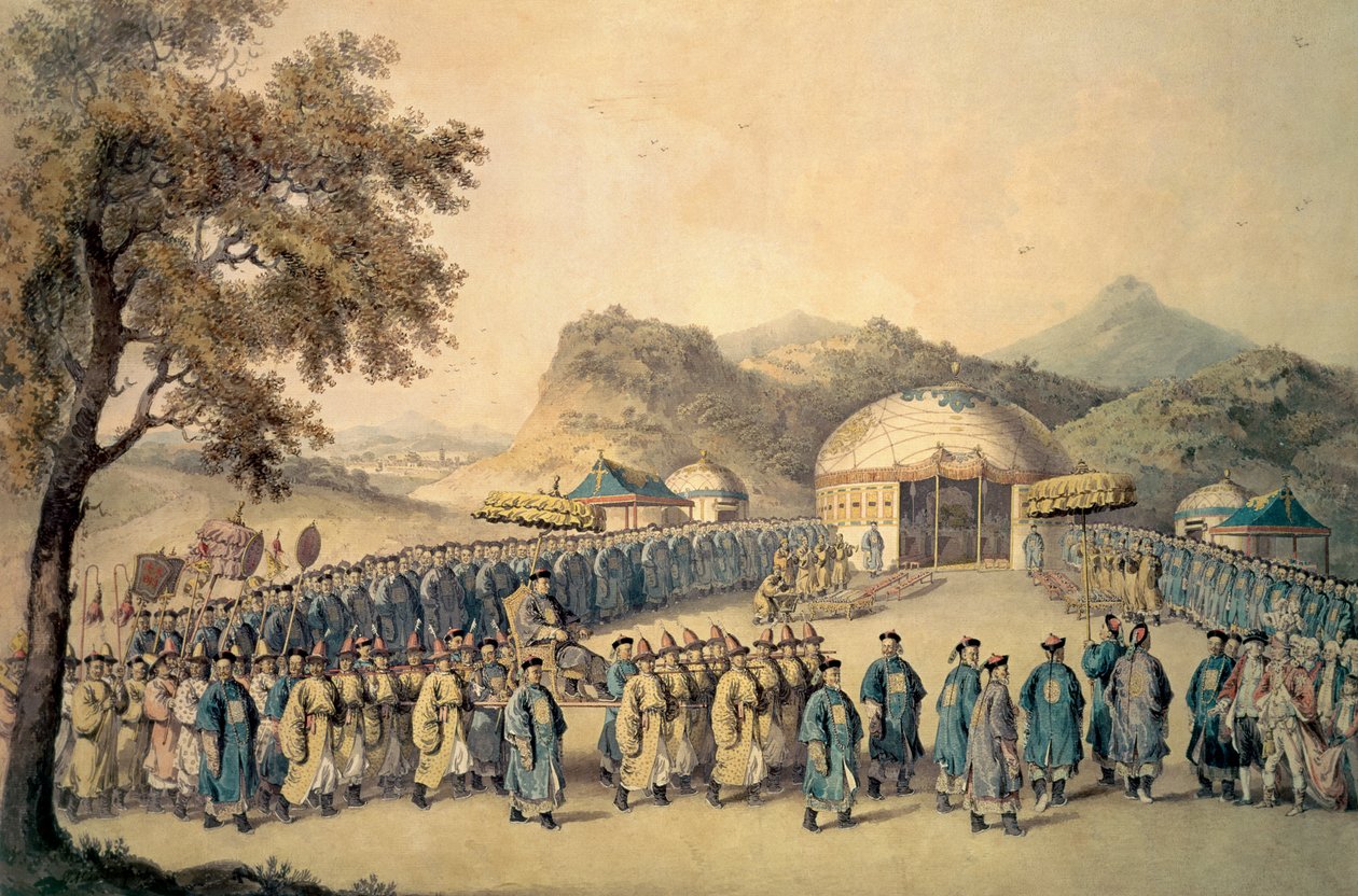 Kiinan keisarin lähestyminen telttaan Tartariassa vastaanottaakseen Britannian suurlähettilään Georgen, 1. Earl Macartneyn (1737-1806), 1793 tekijältä William Alexander