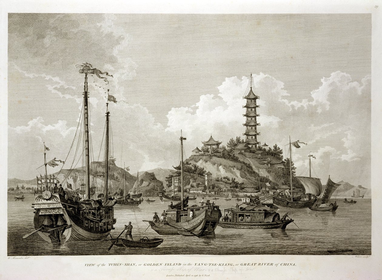 Näkymä Tchin Shanille eli Kultaiselle saarelle Yang-tse Kiangissa eli Kiinan suurelle joelle, kaivertanut Wilson, pub. kirjoittanut G. Nicol, 1796 tekijältä William Alexander