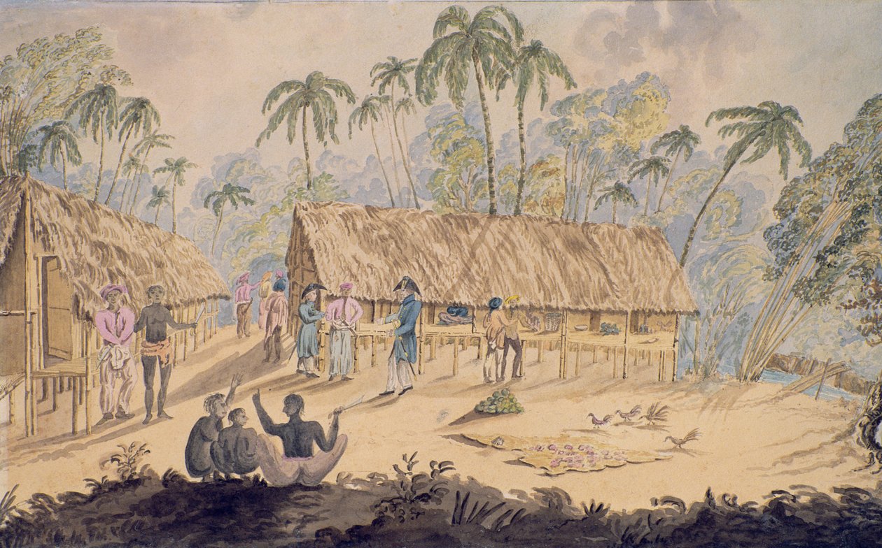 Acheenin kaupunki, Sumatran luoteisrannikko, 1829 (wc paperille) tekijältä William Alexander Willis