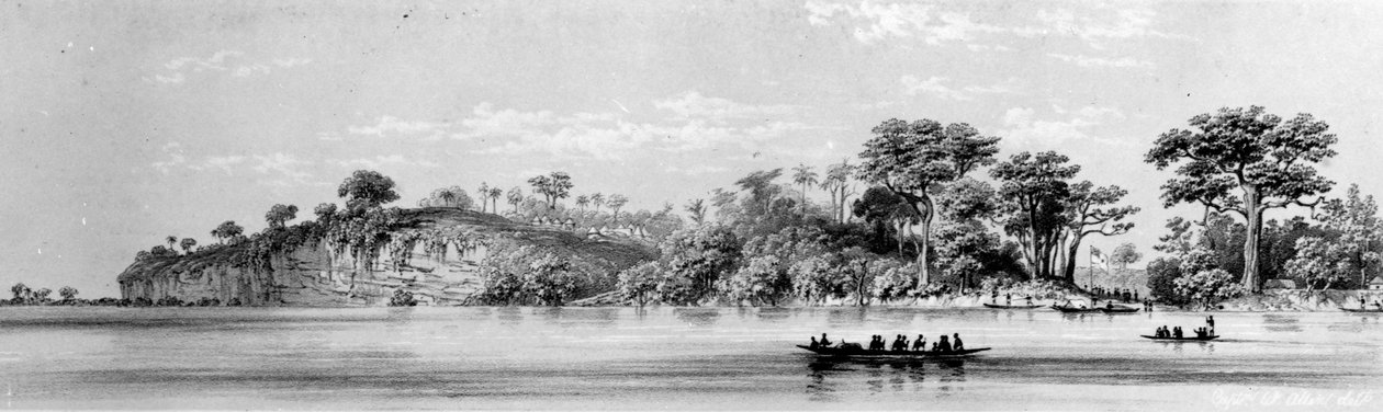 Cliffs at Attah, teoksesta "Picturesque Views on the River Niger: luonnosteltu Landerin viimeisellä vierailulla 1832-1833" Thomas Pickenin litografia, julkaistu 1840 tekijältä William Allen