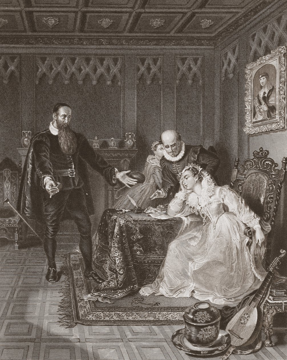 John Knox varoittaa Skotlannin kuningatarta, kaiverrus A.H. Payne tekijältä William Allen