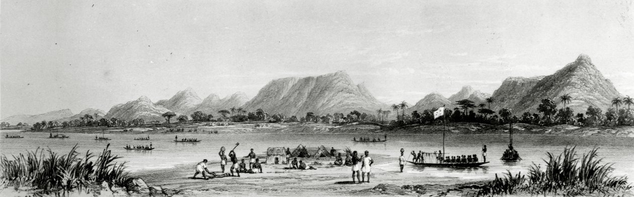 Vuoret ja markkinakanootit lähellä Bokwenia, teoksesta "Picturesque Views on the River Niger: luonnosteltu Landerin viimeisellä vierailulla 1832-33", Thomas Pickenin litografia, julkaistu 1840 tekijältä William Allen