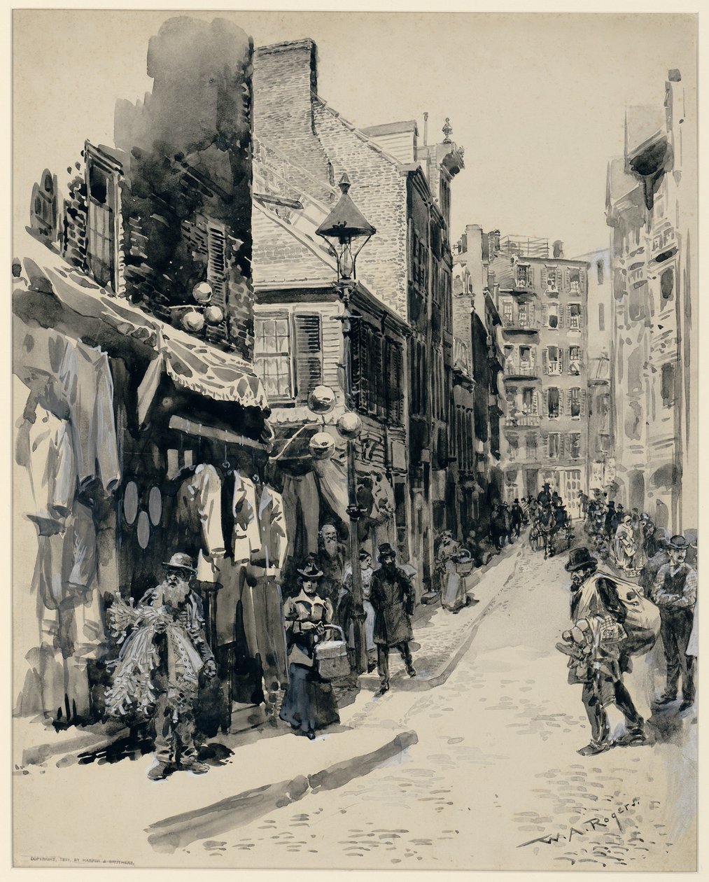 The Jewish Quarter, Boston, julkaistiin 1899 (kynä ja muste ja pesu paperille) tekijältä William Allen Rogers