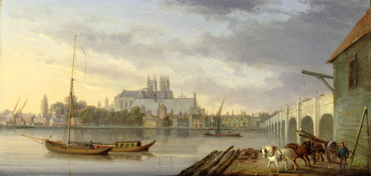 Näkymä Westminster Bridgelle ja Abbeylle eteläpuolelta, 1818 tekijältä William Anderson